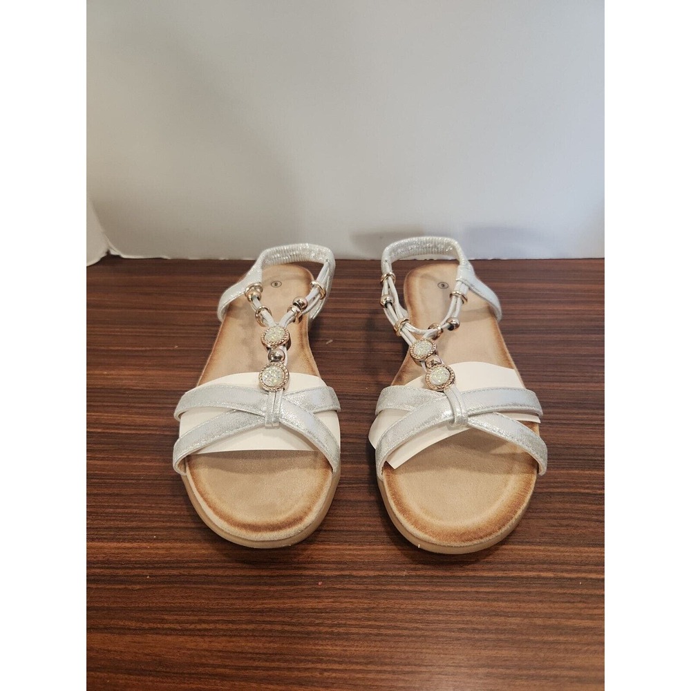 Hawkwell Women's Beaded Bohemian Silver Elastic Strap Beach Dressy Sandals‎